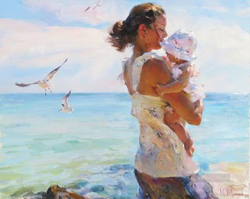 浜辺のカモメの母親と赤ちゃん 44 印象派 Oil Paintings